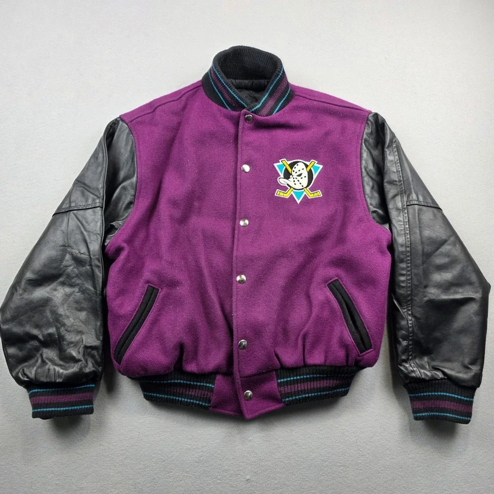Vintage Mighty Ducks NHL Varsity Jacket Purple Black‎ Kids Size 14 Identity Inc